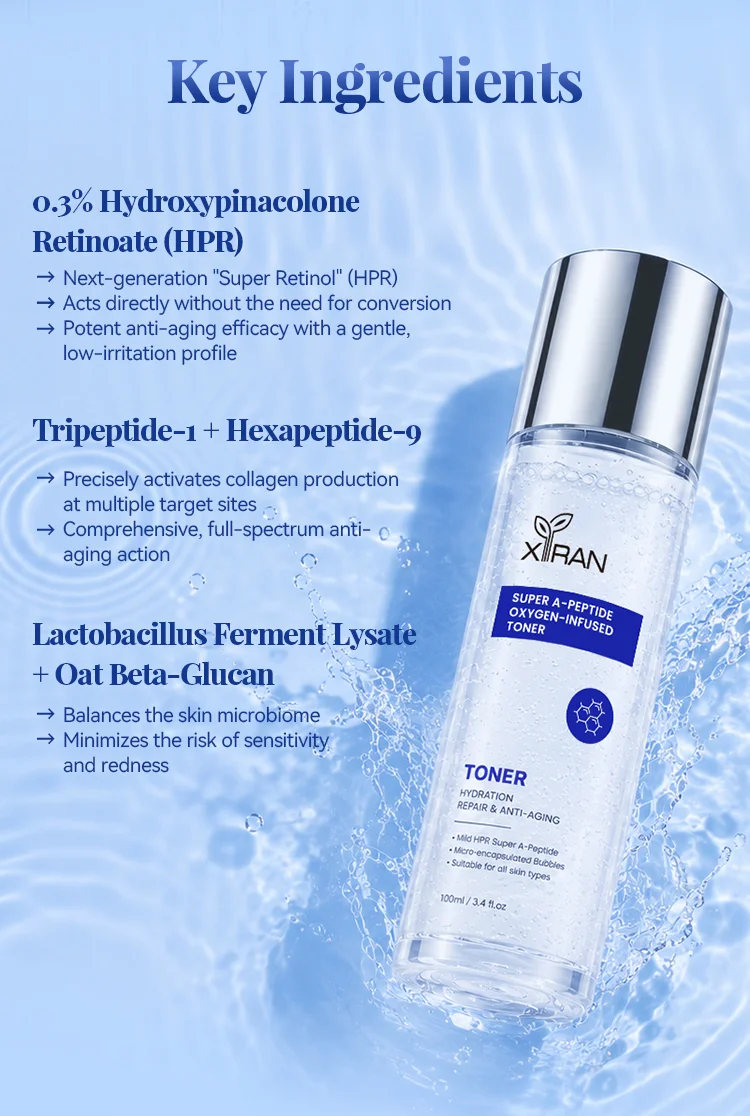 Anti-aging toner bottle with key ingredients such as hydroxy pinacolone retinoate (HPR), peptides, and oat beta-glucan on a water-themed blue background.